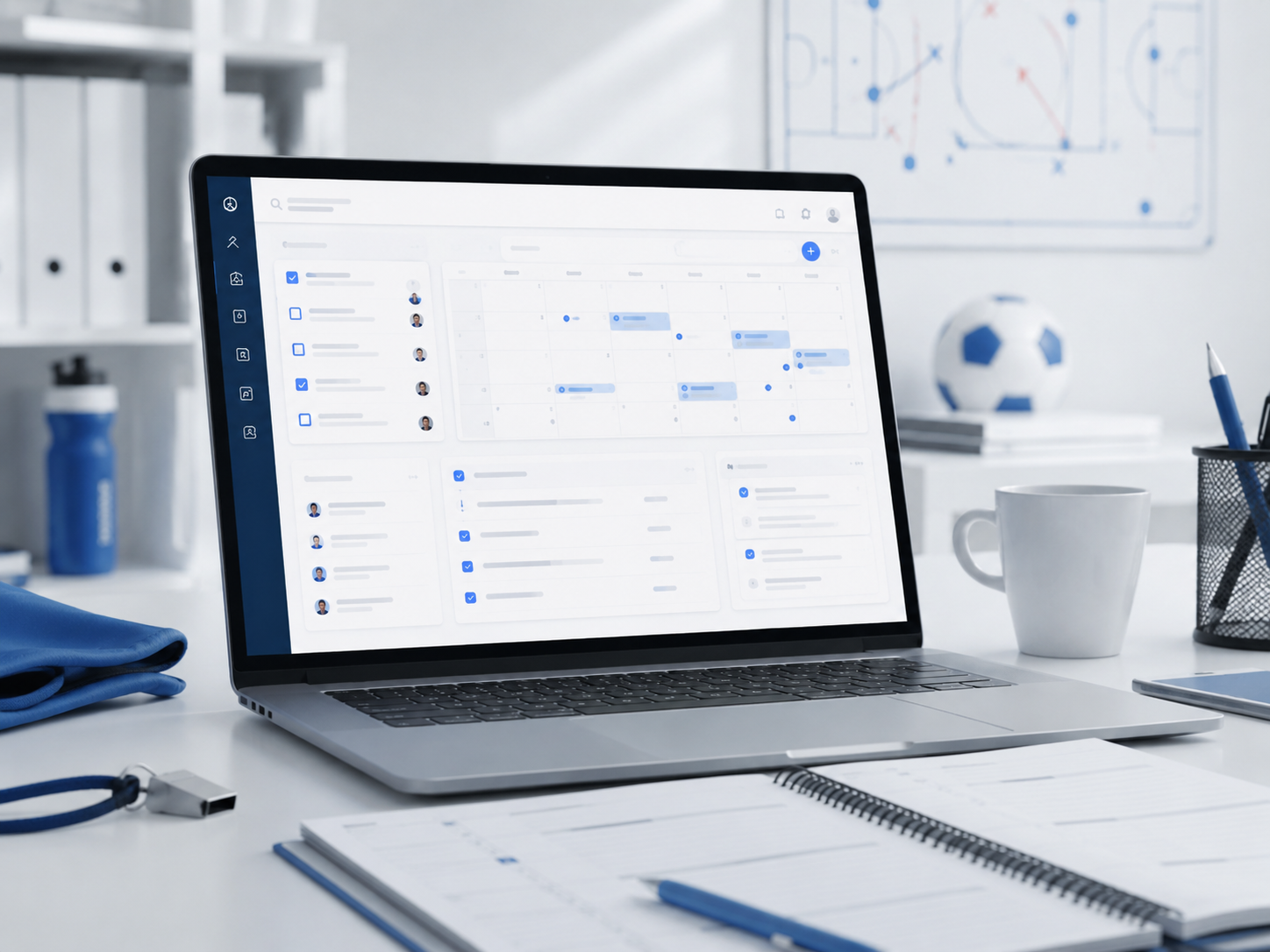 Digitale Kalender- und Aufgabenverwaltung für Sportvereine auf einem Laptop im Vereinsumfeld.