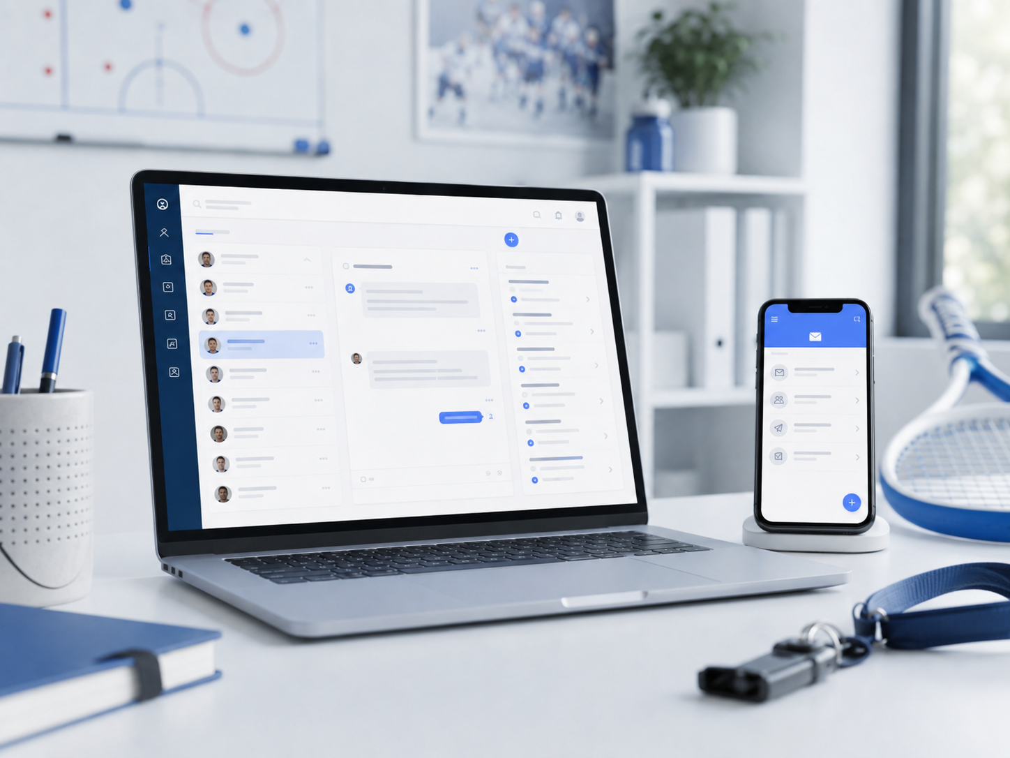 Laptop und Smartphone mit digitaler Kommunikationsoberfläche für einen Sportverein.