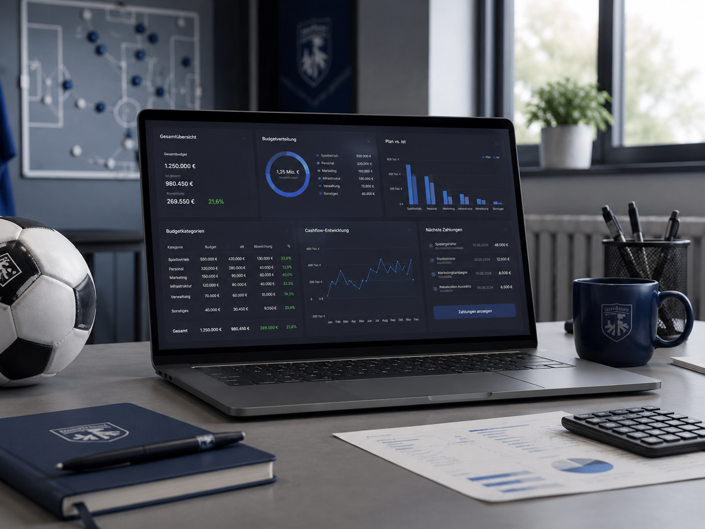 Modernes Büro-Setup mit Laptop und Finanzdashboard für die Budgetplanung und Finanzsteuerung im Sportverein.
